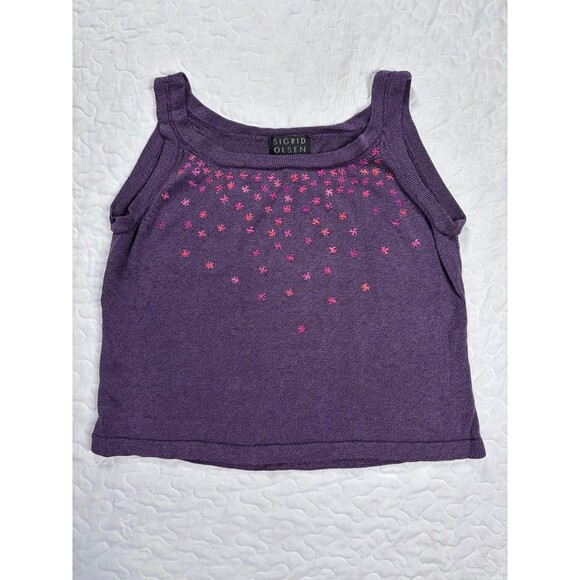 Sigrid Olsen Purple Knit Embroidered Floral Cropped Tank Top size large - Picture 1 of 5